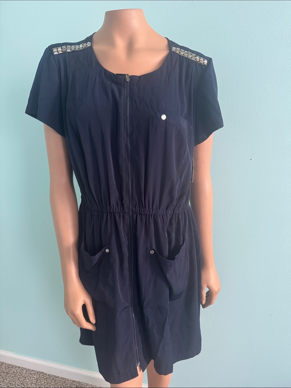 Navy Zip-Front Short Sleeve Dress with Pocket Details size 14